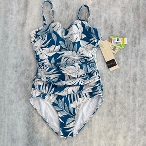 Profile by Gottex Blue and White Leaf One Piece Swimsuit with embedded bra D Cup